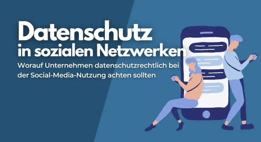 Zwei Personen mit Smartphones vor einem großen Smartphone-Symbol mit Chatblasen.