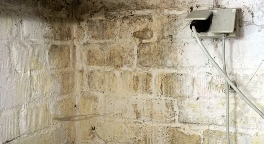 Feuchte Wände im Keller zeigen dunkle Flecken, die auf **Schimmel im Keller** hindeuten. Eine Steckdose mit Kabeln ist sichtbar.