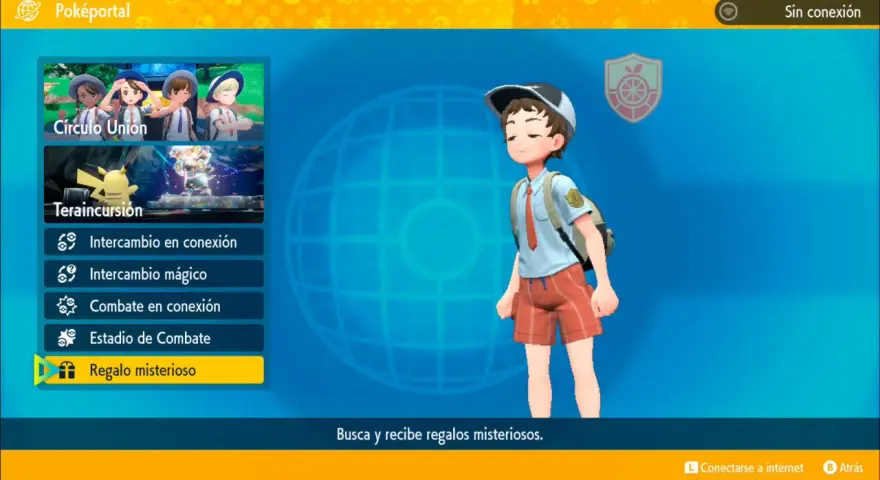 Menú de Pokémon Púrpura: Círculo Unión, Teraincursión, intercambios, combates y la opción de Regalo misterioso para obtener códigos.