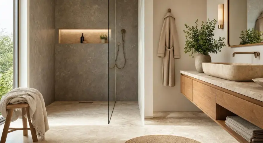 Élégante salle de bain en travertin avec douche à l'italienne, lavabo en pierre naturelle et peignoir suspendu.