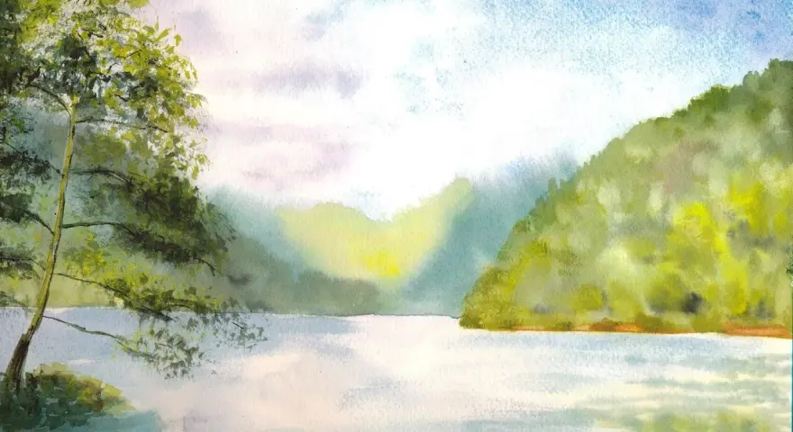 Paysage paisible, une aquarelle humide sur humide. Un arbre feuillu à gauche, un lac calme et des collines verdoyantes en arrière-plan.
