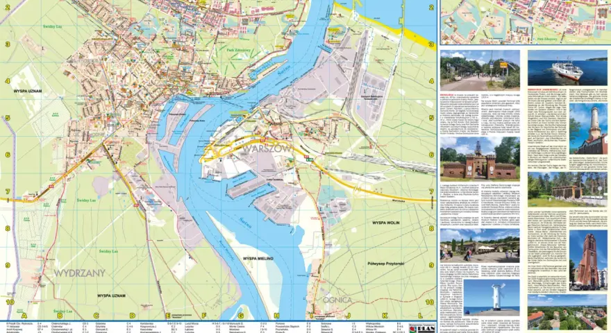 Mapa Świnoujścia z zaznaczonymi atrakcjami, portem i wyspami. Idealna do planowania wycieczek i odkrywania uroków miasta.