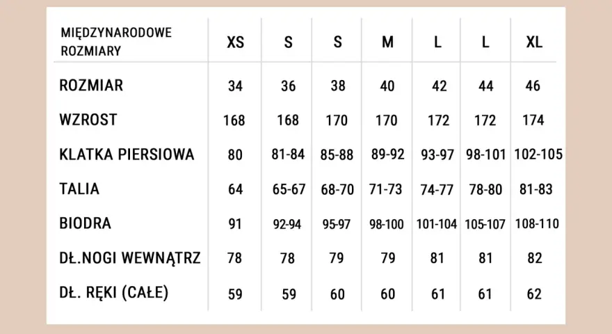 Tabela rozmiarów od XS do XL. Sprawdź, jaki to rozmiar, porównując swój wzrost, obwód klatki, talii, bioder i długość ręki.