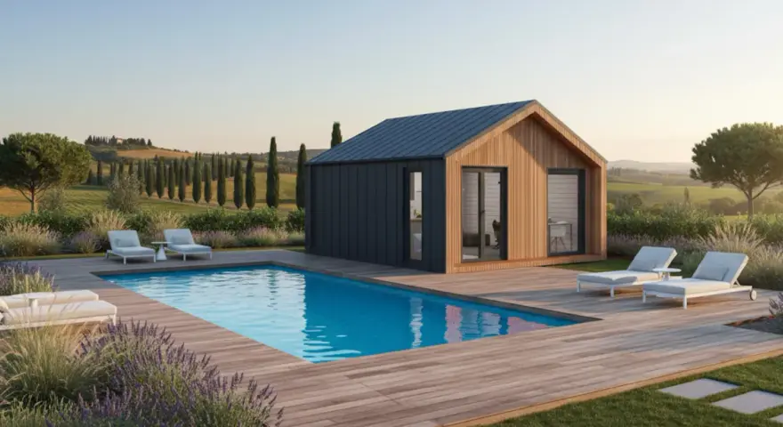 Casa prefabbricata moderna con piscina e vista panoramica. Il costo di una casa prefabbricata può variare, ma questa offre un'oasi di relax.