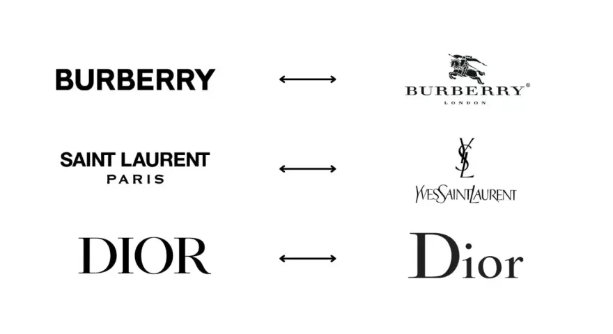 Loghi e monogrammi famosi: Burberry, Saint Laurent Paris e Dior, con le loro icone distintive.