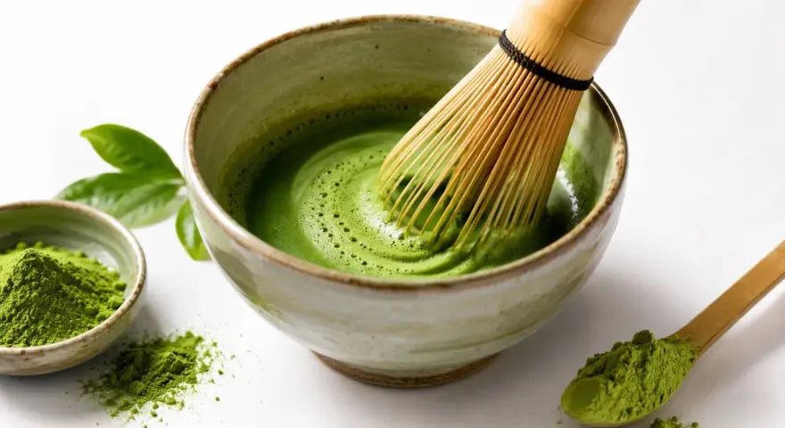 Tradycyjne matcha przygotowanie: bambusowa miotełka miesza zielony proszek z wodą w miseczce, tworząc piankę. Obok mała miseczka z proszkiem i drewniana łyżeczka.