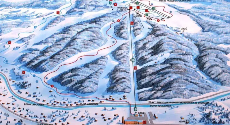 Mapa narciarska Palenicy Szczawnica. Widok na stoki, trasy, wyciągi i infrastrukturę. Sprawdź palenica szczawnica cennik.