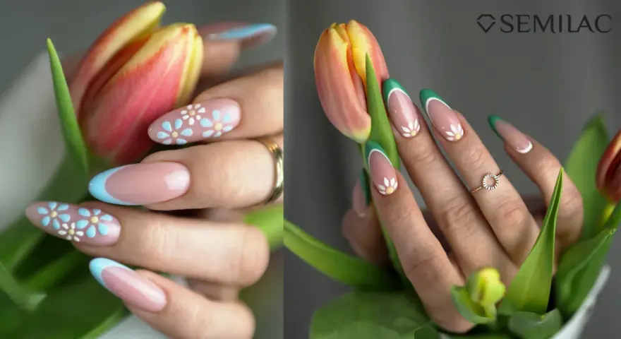 Manicure con fiori stilizzati e french colorato. Semipermanente unghie idee primaverili.
