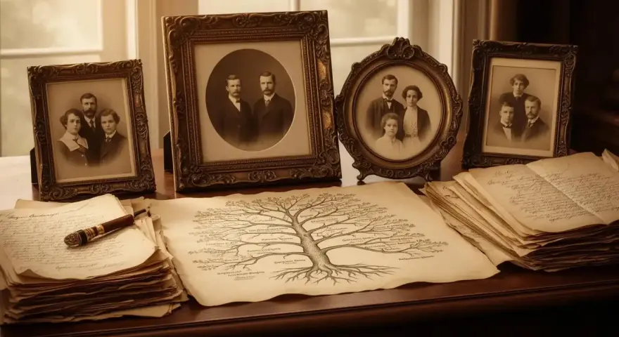 Un arbre généalogique alsacien, entouré de vieilles photos de famille et de documents jaunis, évoque le passé.