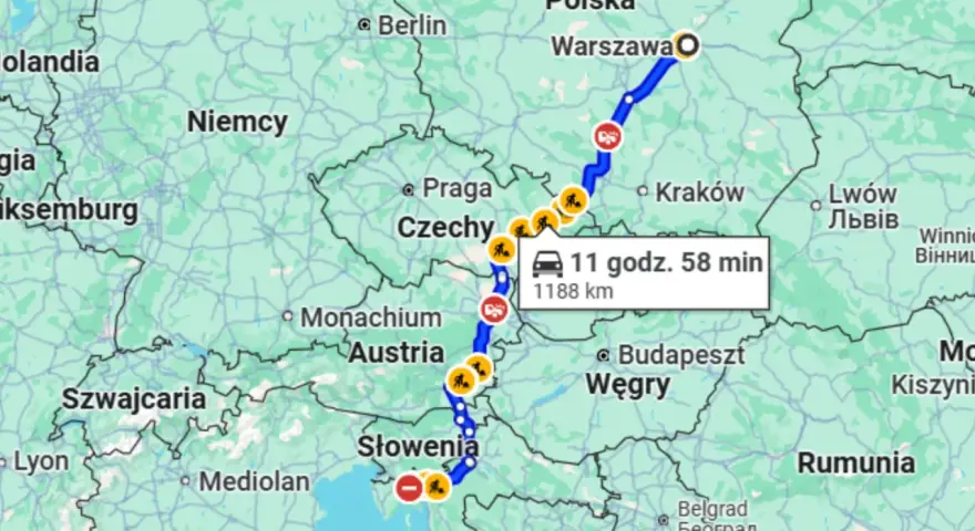 Trasa z Polski do Chorwacji przez Czechy, Austrię i Słowenię. Podróż trwa 11 godzin 58 minut i obejmuje 1188 km.