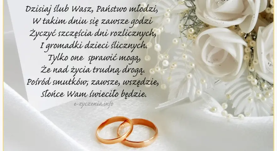 Wzruszające życzenia ślubne dla przyjaciół: szczęścia, dzieci i słońca na wspólnej drodze. Dwa obrączki symbolizują miłość.