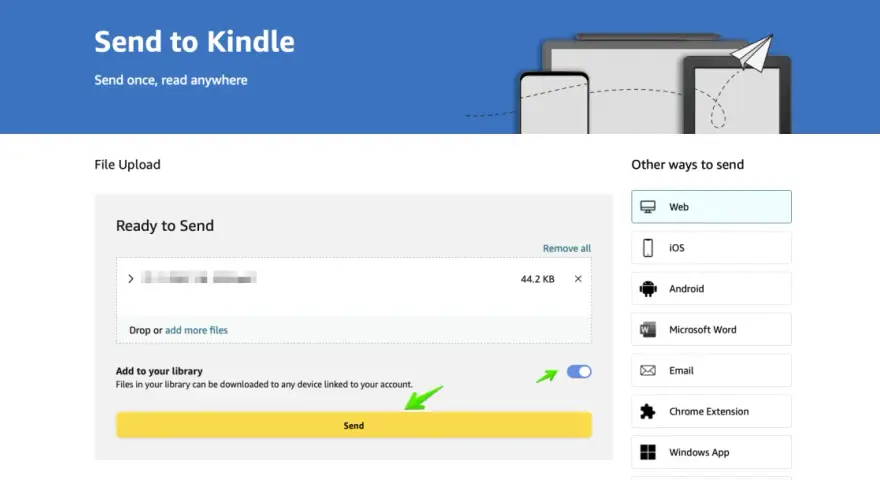 Przesyłanie plików na Kindle. Wybierz "Web" lub inne opcje, by wysłać dokumenty.