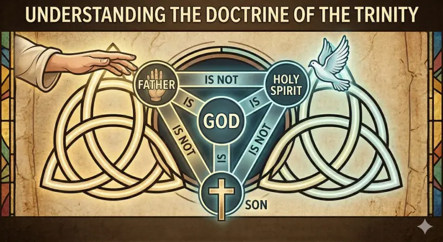 A diagram illustrating the doctrine of the Trinity, with Father, Son, and Holy Spirit as distinct yet one God. This visual aids understanding, especially around the Feast of the Holy Trinity.