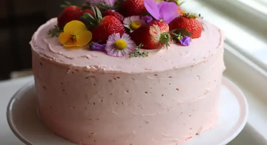 Enkel babyshower tårta med rosa frosting, toppad med färska jordgubbar och vilda blommor. Perfekt för att fira en nyfödd.