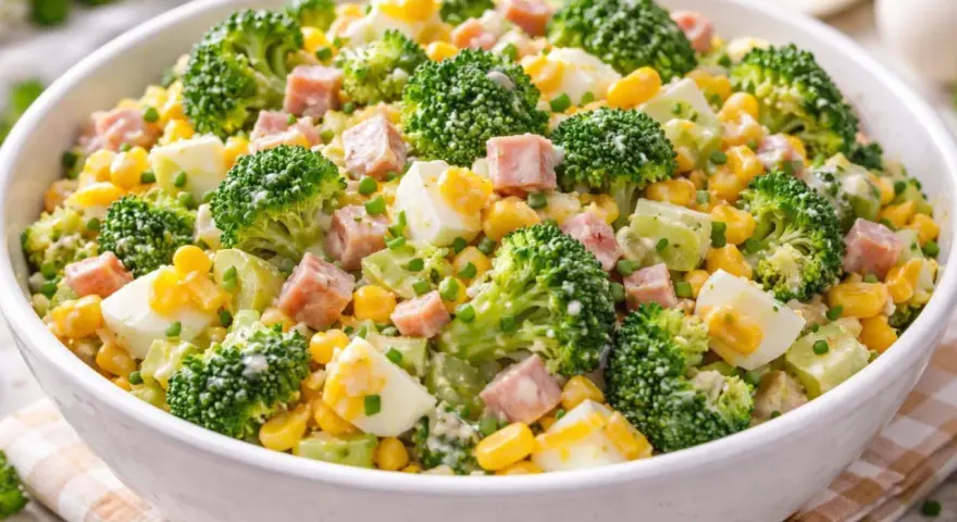 Pyszna surówka z brokuła z dodatkiem jajek, kukurydzy i szynki, polana kremowym sosem.