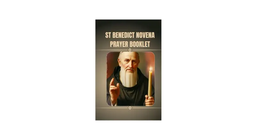 Cover of a "St Benedict Novena Prayer Booklet" featuring a portrait of St. Benedict holding a candle and raising his hand in blessing.
