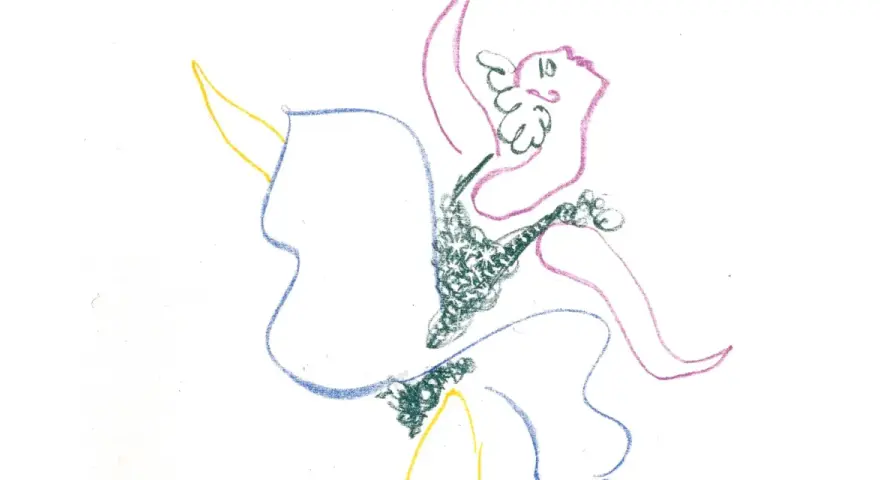 Dessin abstrait aux couleurs vives. Une ligne bleue esquisse une forme, tandis que des formations vertes et roses créent un mouvement dynamique.