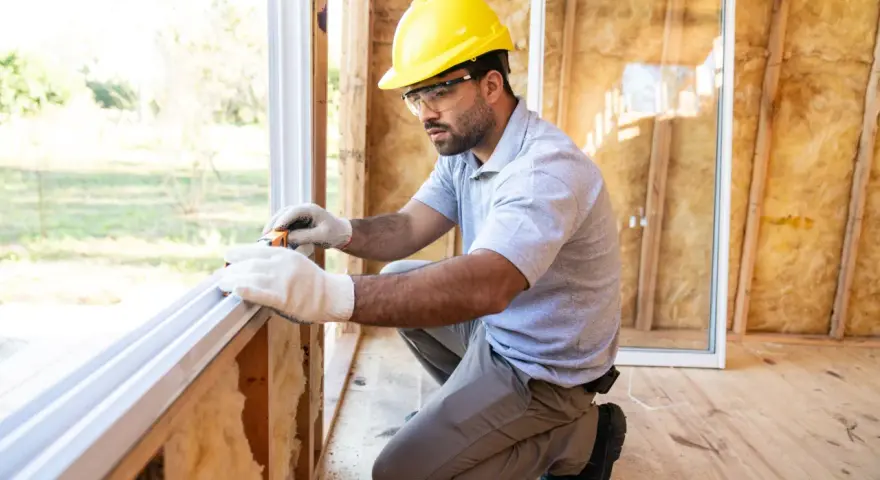 Un ouvrier en casque jaune travaille sur le remplacement de fenêtres dans une maison en construction, mesurant le cadre.