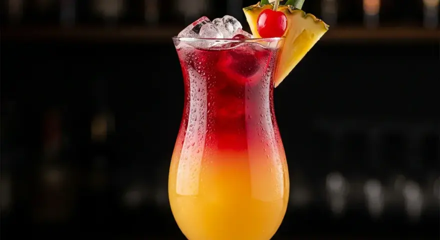 En kyld Bahama Mama drink med lager av orange och rött, garnerad med ananas och körsbär.