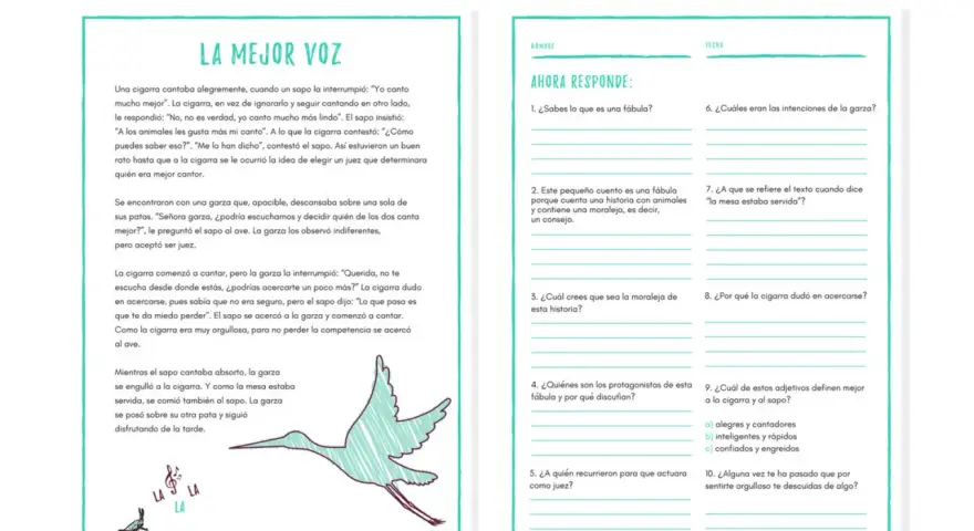 Hoja de trabajo para comprensión lectora 6 primaria. Una fábula sobre una cigarra, un sapo y una garza.