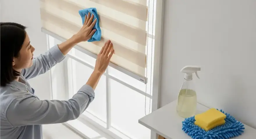 Mujer limpiando estores enrollables con un paño azul. A su lado, un spray y una esponja.
