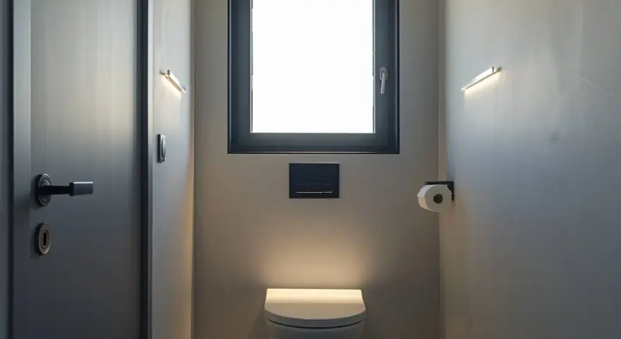 Une toilette moderne avec une fenêtre au-dessus, éclairée par des appliques murales discrètes. Un rouleau de papier toilette est à portée de main.