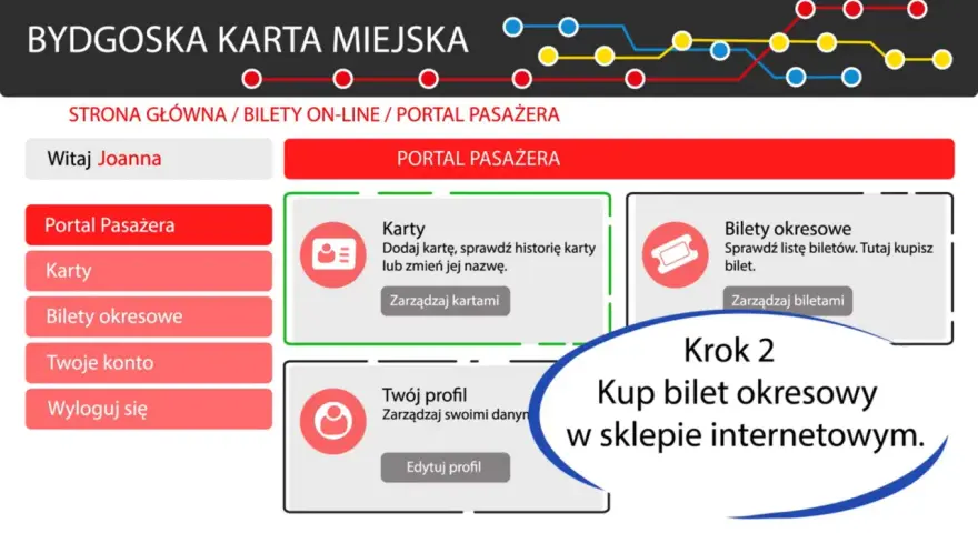 Portal Pasażera Bydgoskiej Karty Miejskiej. Krok 2: Kup bilet okresowy w sklepie internetowym. Dowiedz się, jak kupić bilet miesięczny na pociąg.