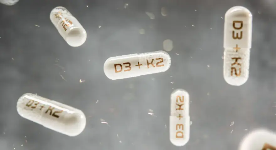 Flera kapslar med texten "D3 + K2" svävar i luften. Dessa kapslar kan vara ett komplement till din k vitamin mat.