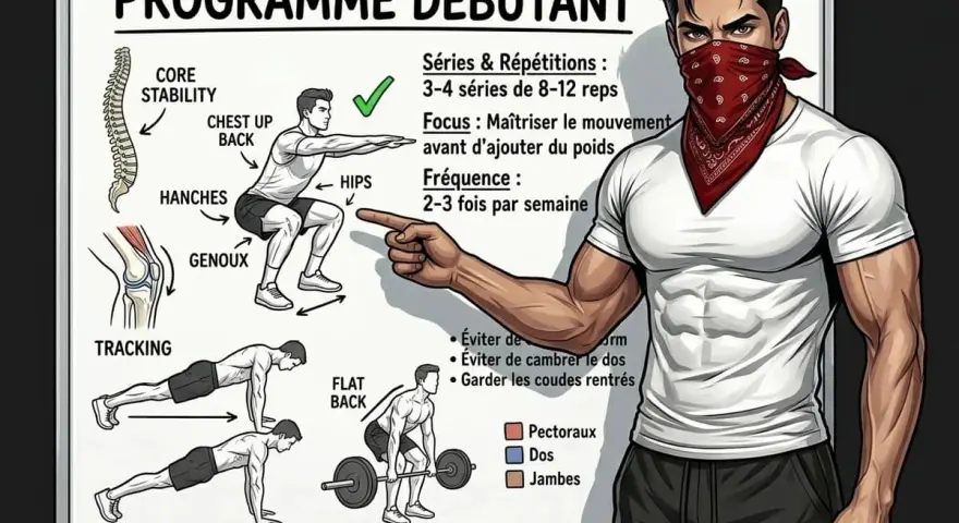 Programme de callisthénie pour débutants : focus sur la maîtrise du mouvement. S'entraîner 2-3 fois/semaine.