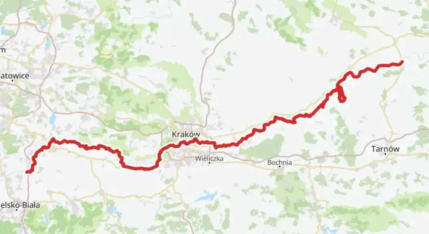 Mapa z zaznaczoną trasą Velo Raba, biegnącą od okolic Bielska-Białej przez Kraków, Bochnię aż po Tarnów.