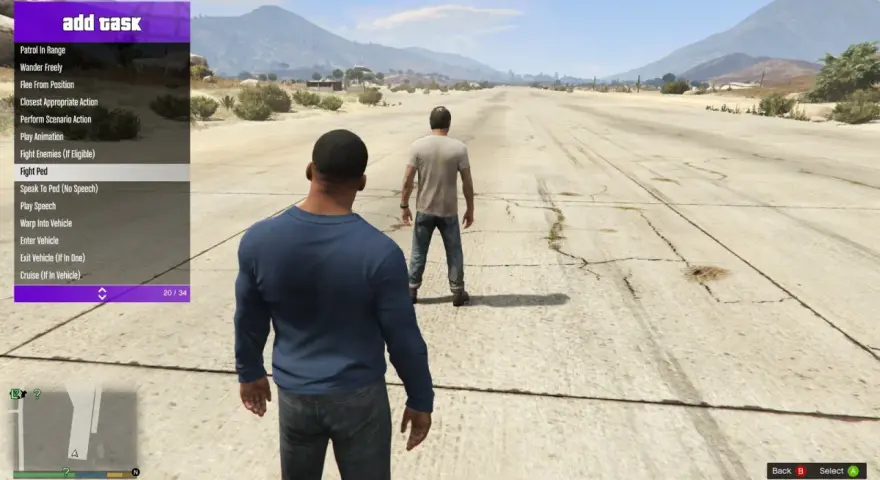 Menu "add task" w grze GTA V z opcją "Fight Ped" i dwoma postaciami na tle pustynnego krajobrazu.