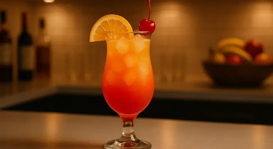 Kolorowy drink Sex on the Beach przepis, ozdobiony plasterkiem pomarańczy i wisienką. Idealny na letnie wieczory.