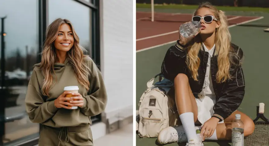 Mujer con look sport chic: una con sudadera verde y café, otra en cancha de tenis con chaqueta y agua.