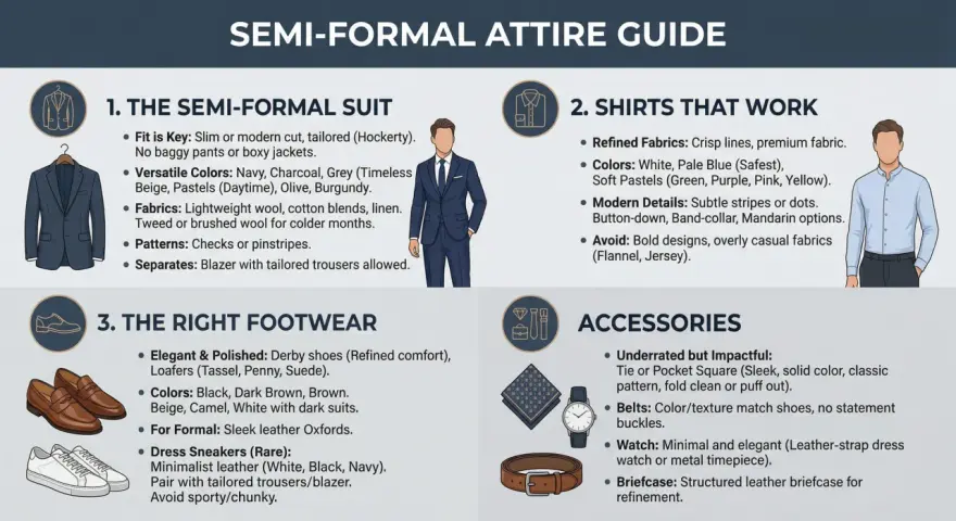 Guía de dress code semi-formal: trajes, camisas, calzado y accesorios para un estilo impecable.