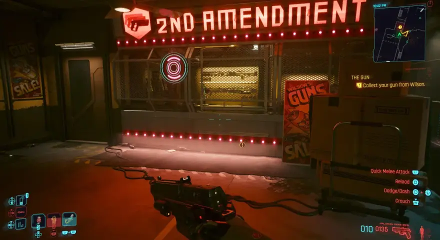 Cyberpunkowy cel: sklep z bronią "2nd Amendment" z neonowym szyldem. Gracz zbiera broń od Wilsona.