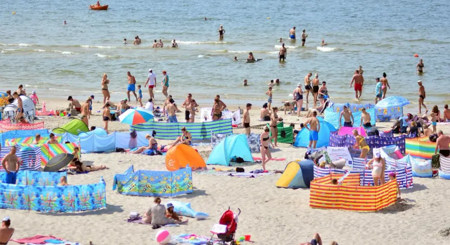Wczasy pod gruszą na zatłoczonej plaży. Ludzie kąpią się w morzu, opalają na piasku i odpoczywają pod kolorowymi parawanami.