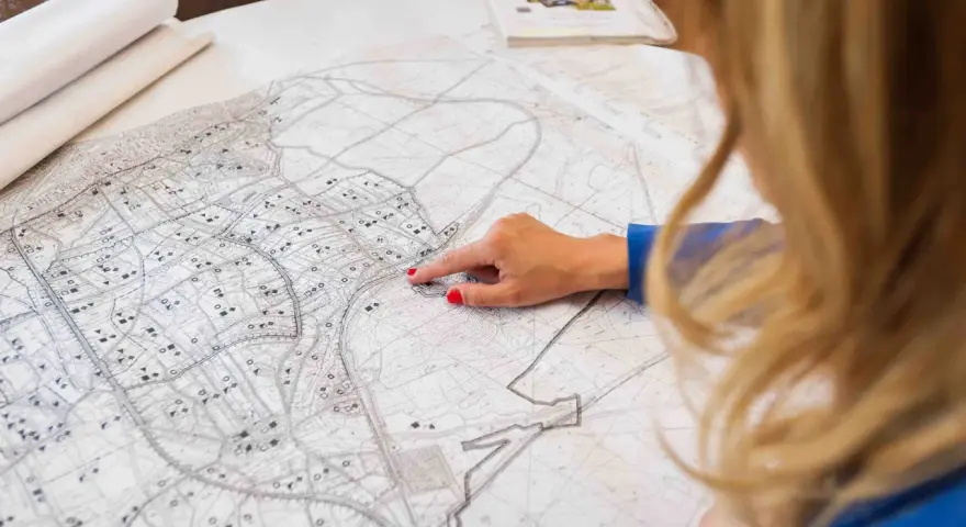 Kobieta z rudymi paznokciami wskazuje palcem na mapę. Plan miasta, z zaznaczonymi ulicami i budynkami, sugeruje analizę terenu pod kątem jego **użytku ba**.