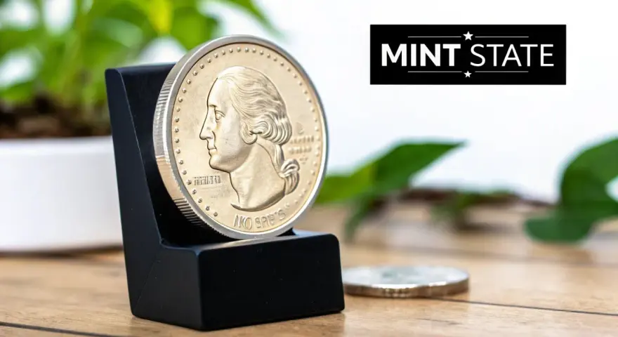 Une pièce de monnaie en or, de profil, est présentée sur un support noir.