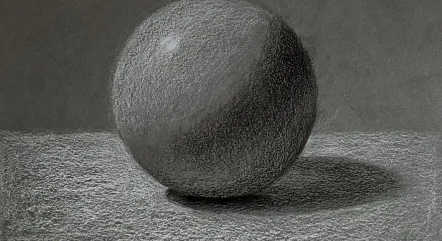 Un detallado dibujo a carboncillo de una esfera, con luces y sombras que le dan volumen. La textura del papel se aprecia en este estudio de esfera.
