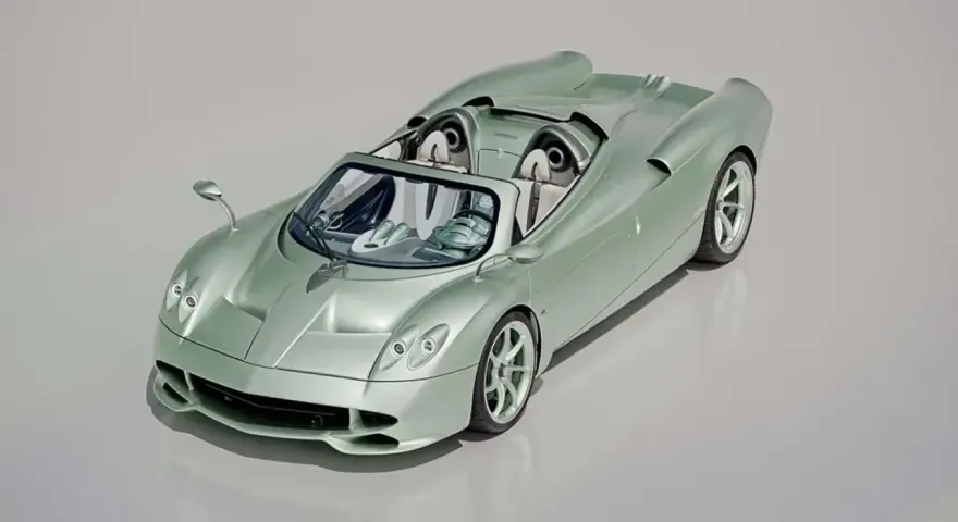 Pagani Huayra Codalunga w kolorze miętowym, z otwartym dachem, prezentuje swoje eleganckie linie i sportowy charakter.