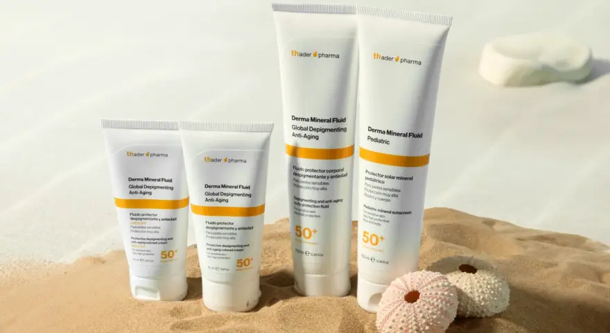 Cuatro tubos de crema solar biodegradable de Thader Pharma en la arena, con dos erizos de mar.