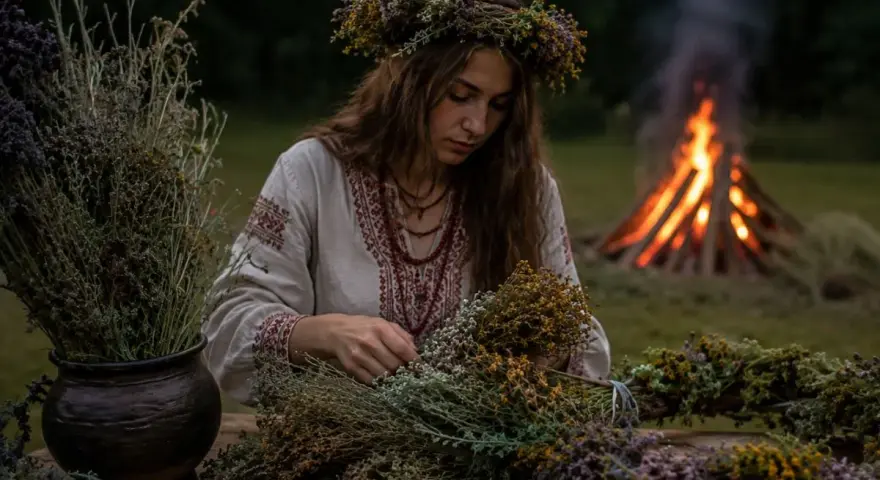 Dziewczyna w wianku z ziół, w tradycyjnej koszuli, przygotowuje bukiety. W tle płonie ognisko, przywołując ducha polskich pieśni ludowych.