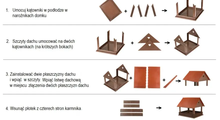 Instrukcja montażu karmnika dla ptaków. Dowiedz się, jak zrobić karmnik dla ptaków, poznaj wymiary i etapy składania.
