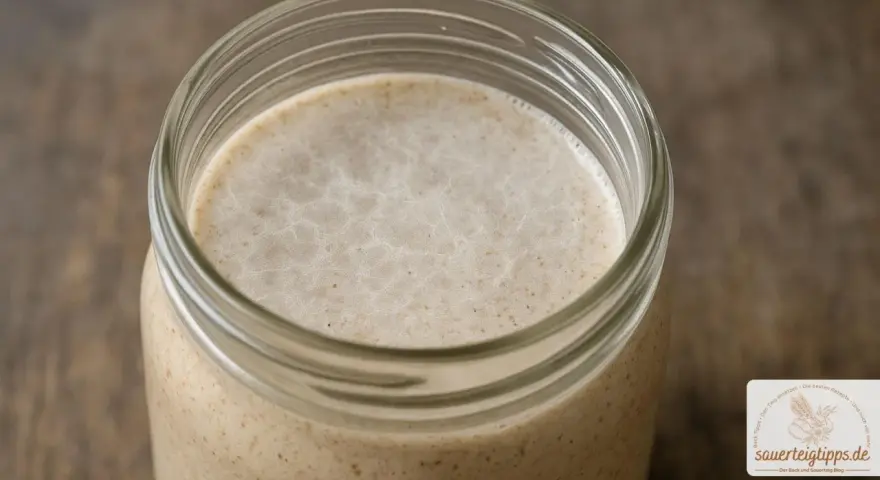 Ein Glas mit aktivem Sauerteig, bereit für die Zubereitung von Brot. Die kahmhefe zeigt sich in feinen Bläschen.