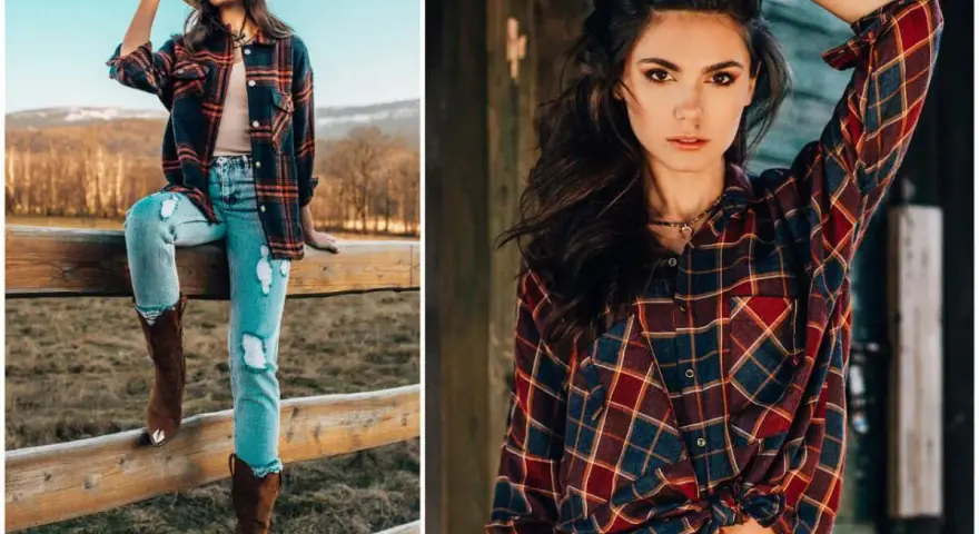 Dziewczyna w kapeluszu i kraciastej koszuli, gotowa na imprezę w stylu country. Długie buty i podarte jeansy dopełniają stylizacji.