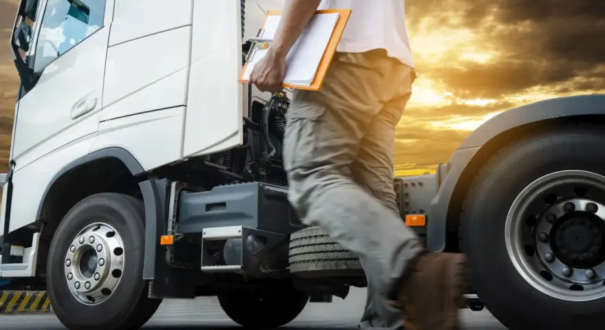 Kierowca z teczką zbliża się do białej ciężarówki. Zachód słońca i chmury tworzą dramatyczne tło dla tej sceny, która może być początkiem ważnej podróży lub zakończeniem dnia pracy na konwencja tir.
