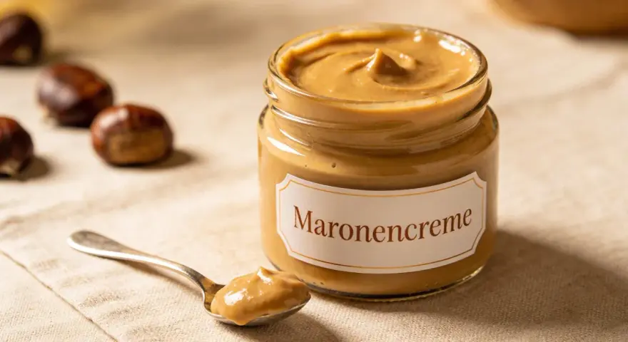 Glas mit Maronencreme, daneben eine Löffelprobe. Perfekt für süße und herzhafte Gerichte – die Maronencreme Verwendung ist vielfältig.