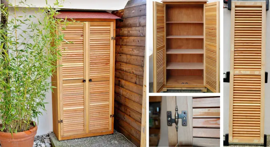 Armadio fai da te economico in legno con ante a persiana, perfetto per esterni.