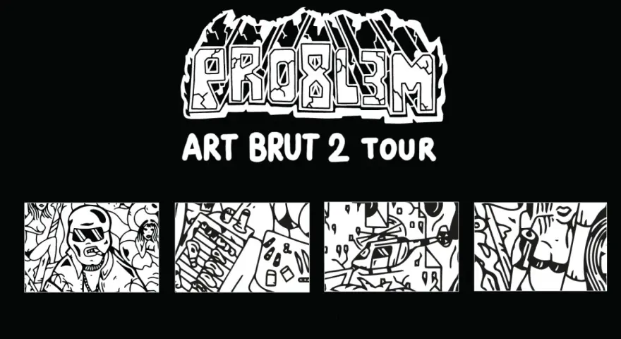 Problem Art Brut 2 Tour. Cztery czarno-białe grafiki w stylu art brut: mężczyzna w okularach i cygarem, grill, helikopter i twarz.