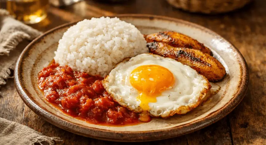Plato de arroz a la cubana receta: arroz blanco, huevo frito con yema líquida, plátanos maduros fritos y salsa de tomate.
